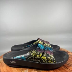 OOFOS OOlala Luxe Recovery Slide Sandals Black Rainbow Speckle Womens 6 Mens 4